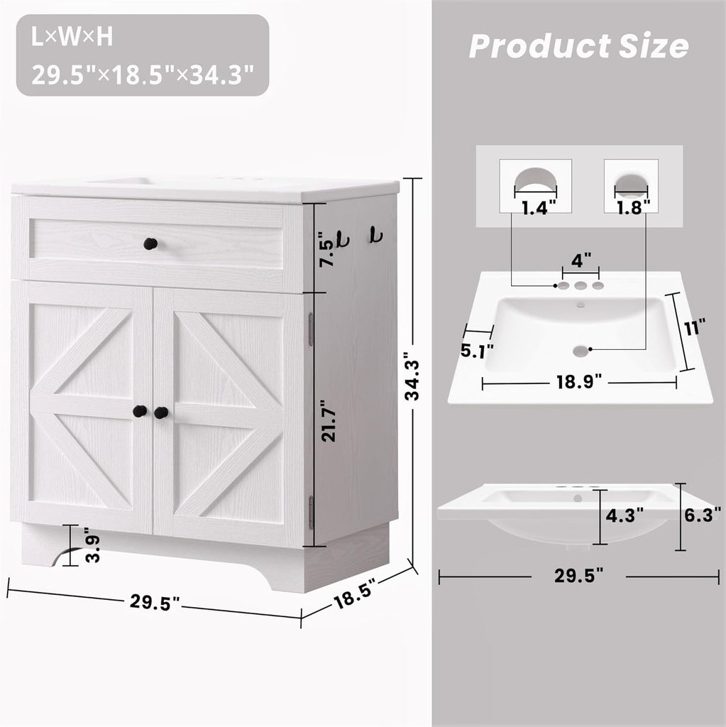 30 Inch Bathroom Vanity with Integrated Ceramic Sink, Farmhouse Single Sink Bathroom Vanity, Tip-Out Drawer & Adjustable Shelf (White)