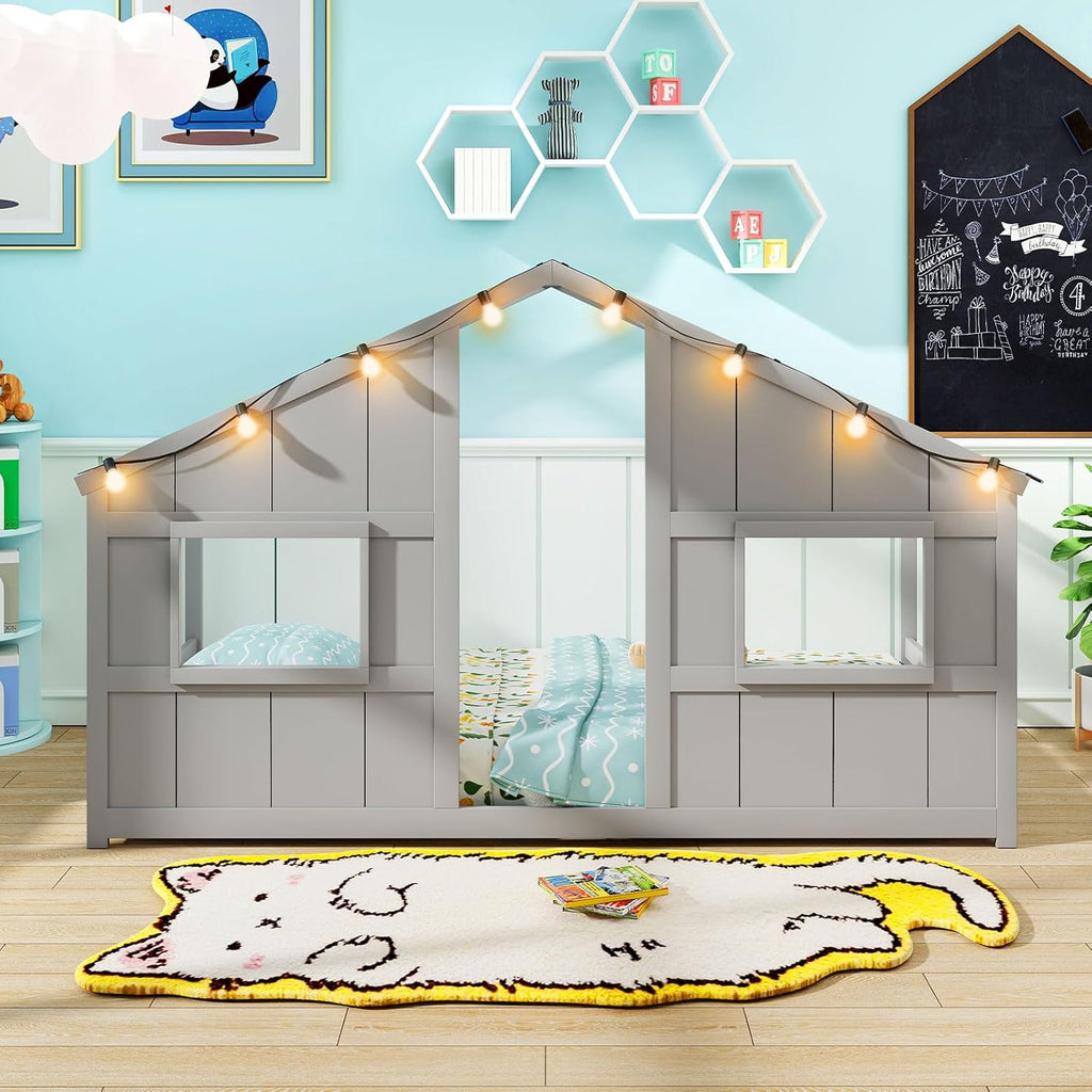 Twin Kids House Bed with Light Bulbs, Wooden Montessori Floor Bed Frame with Roof & Windows, Twin Floor Bed for Kids