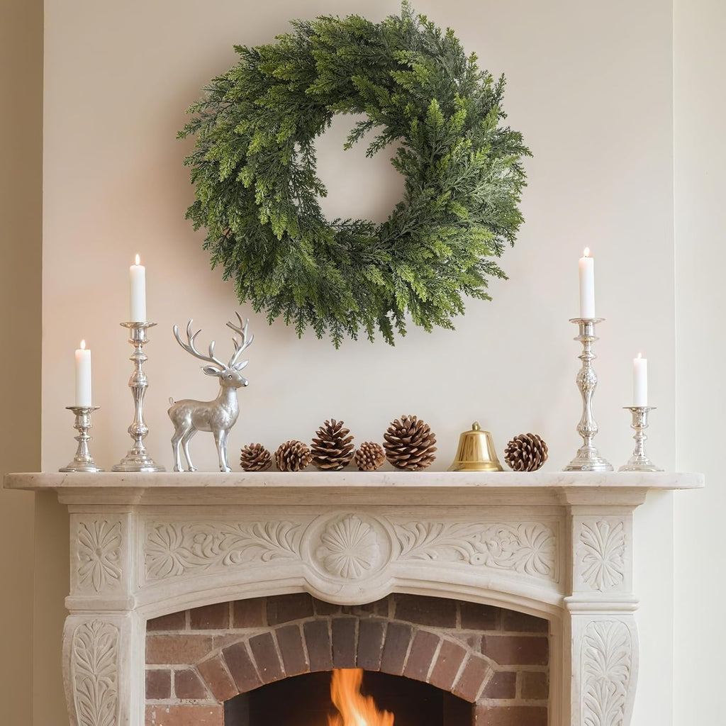 26" Christmas Cedar Wreaths for Front Door, Real Touch Handmade Full Artificial Cedar Wreath Set, Faux Greenery - Set of 2