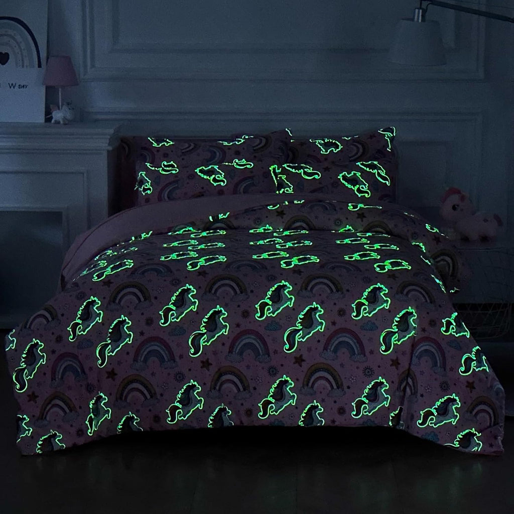 Glow in The Dark Kids Comforter Set, 3 Pieces Pink Unicorn Bedding Set for Boys Girls Teen, 1 Comforter, 1