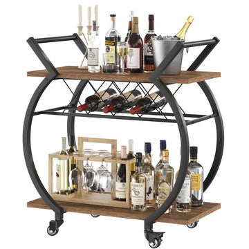 Industrial Bar Cart, Beverage Serving Cart with Wheels, Rustic Brown