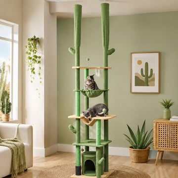 Floor to Ceiling Cat Tree, 89"-100" Adjustable Height Cactus Cat Climbing Tower for Indoor Cats with Grooming Brush