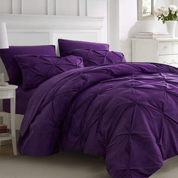 7pc Purple Comforter Set with Sheets, Pintuck 7 Piece Bedding Comforters Bed in a Bag for All Season