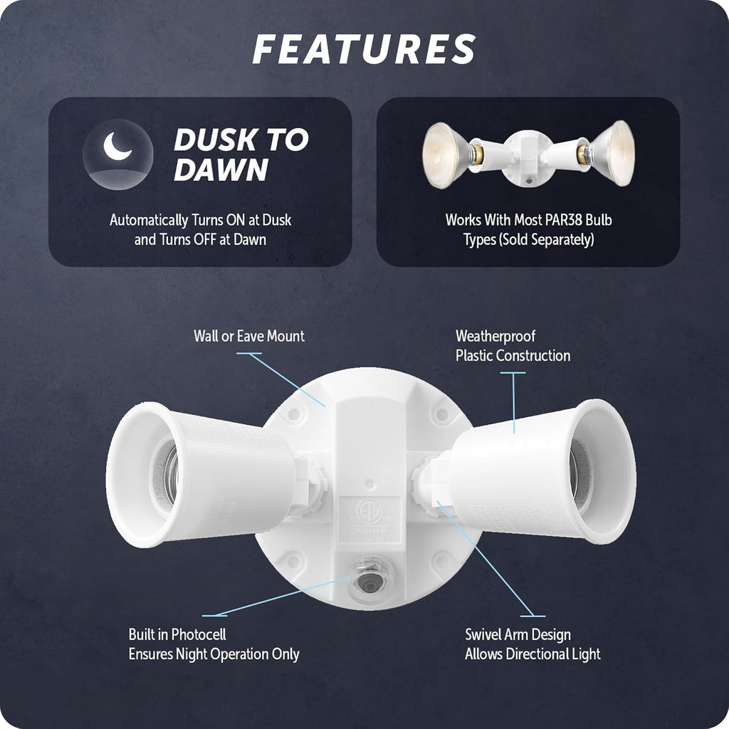 240W Twin Head Dusk to Dawn Security Flood Light, White Finish, Automatic Photocell, Hardwired, Weather Resistant