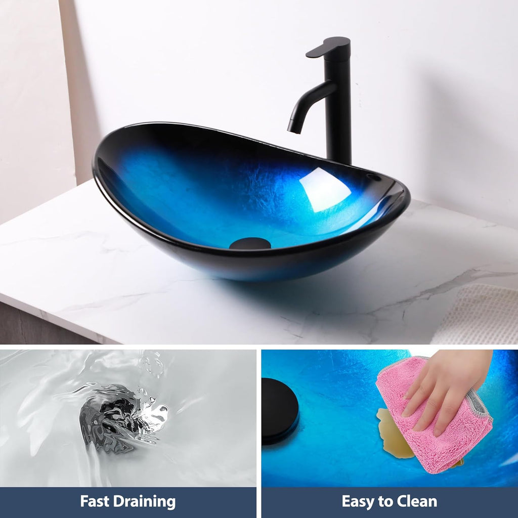 21" Glass Bathroom Vessel Sink with Pop up Drain Set,Countertop Oval Bowl Tempered Glass Art Basin,Shallow