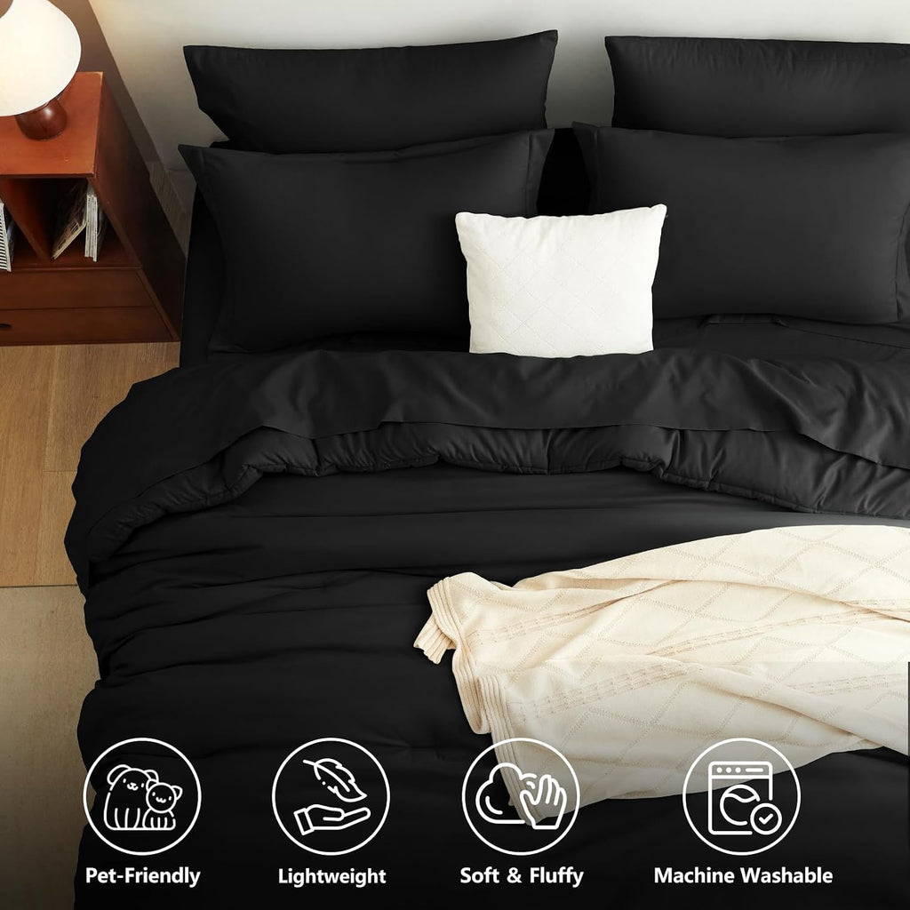 Full Comforter Set Black, 7 Pieces Bed in a Bag - Set of 7