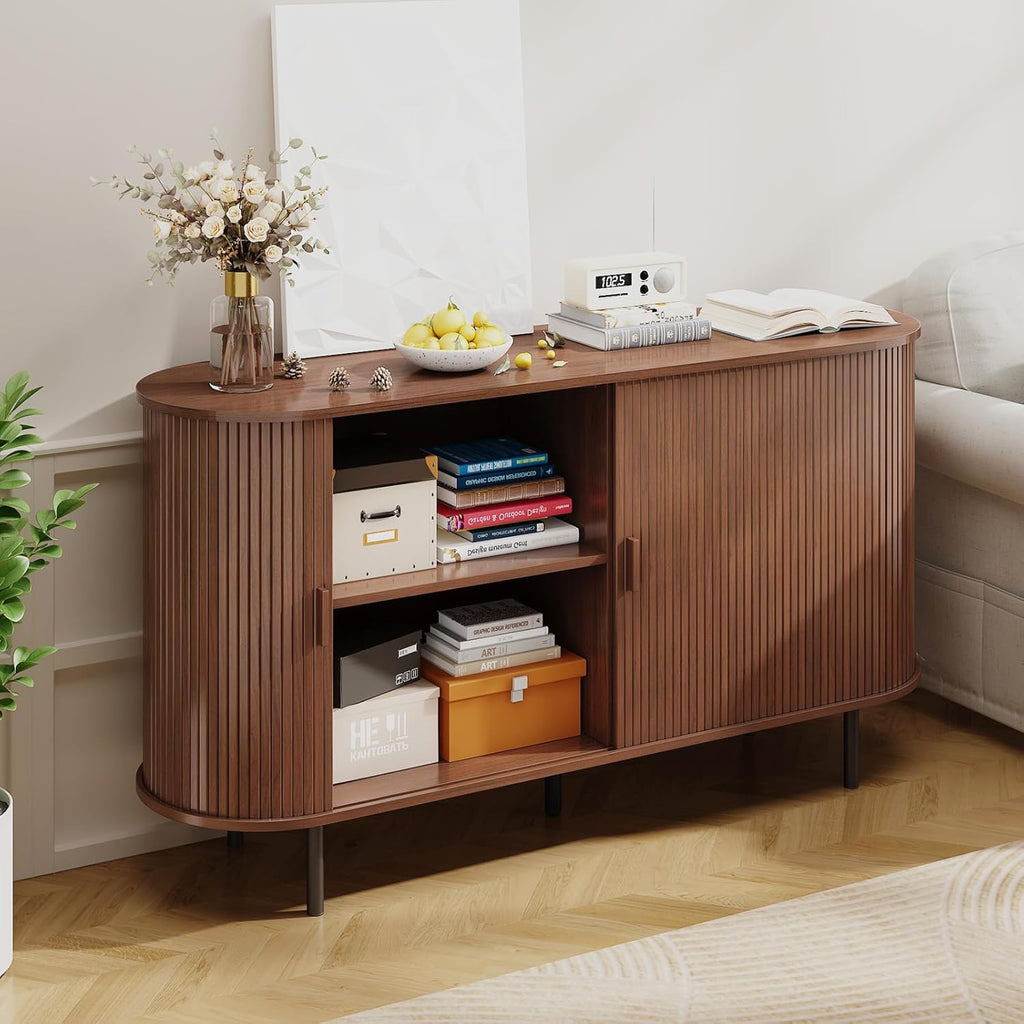 Buffet Sideboard Cabinet with Storage, 55" Fluted Cabinet with Sliding Door & Adjustable Shelf