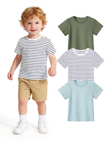 3 Pack Toddler Boys Short Sleeve T-Shirts Basic Cotton Tee Tops Toddler Boy Clothes Army Green+White