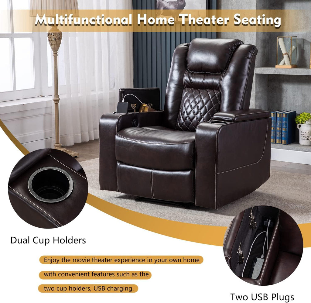 Electric Power Recliner Chair with USB Ports and Cup Holders, Breathable Leather Home Theater Seating with Hidden Arm
