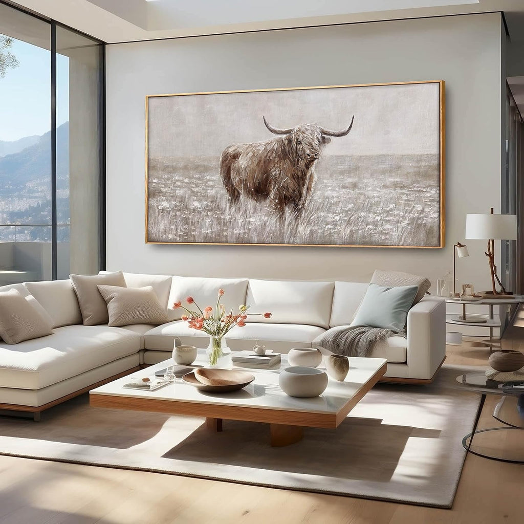 Farmhouse Highland Cow Wall Decor on Canvas with Framed Large Landscape Brown Artwork Living Room Office Decor