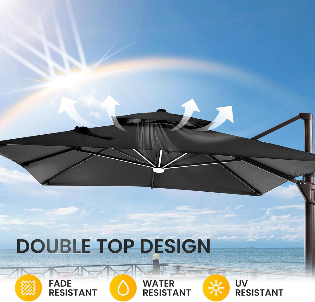 10 X 13 FT Cantilever Patio Umbrella with Led Lights and Base Included Outdoor Heavy Duty Double Top Rectangle Offset -