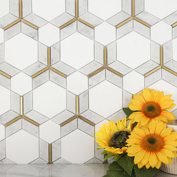 White Marble with Gold Metal Hexaong Mosaic Tile Polished, 5 Sheets