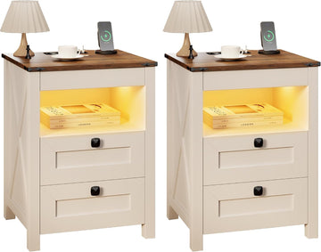 LED Nightstand Set of 2 with Gun Drawer: Bedside Table with Charging Station Furniture - Farmhouse Night Stand with 3