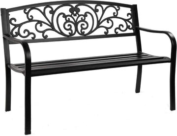 50" Patio Garden Bench, Loveseats Park Yard Furniture, Black Steel Cast Iron Frame Chair, Metal Bench Outdoor with