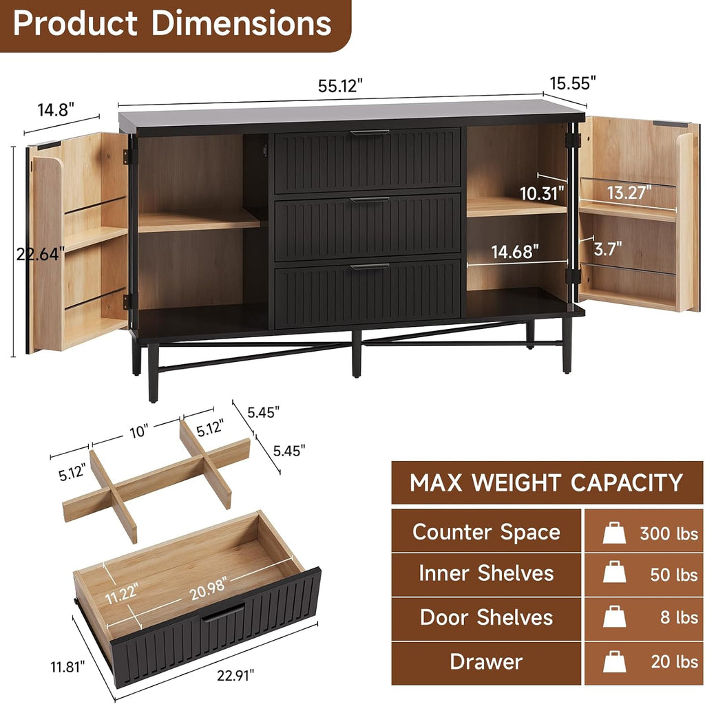 Kitchen Buffet Cabinet with Dual Door Shelves & 3 Drawers, Fluted Sideboard | Large Credenza Storage Cabinets Wood