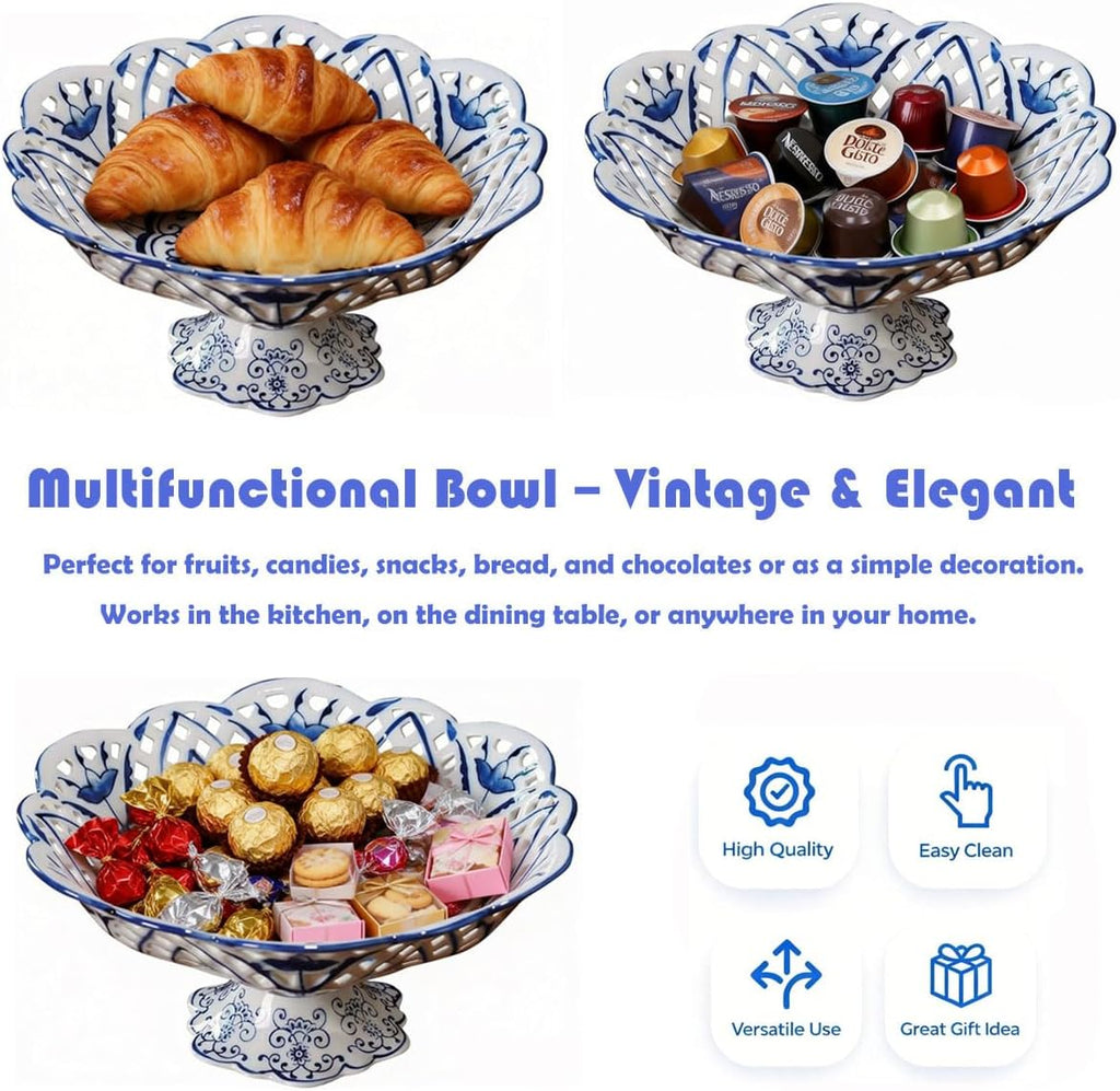 Vintage Floral Round Chinoiserie Ceramic Serving Bowl with Draining Holes, Blue And White10" Large Fruit Basket, Hand