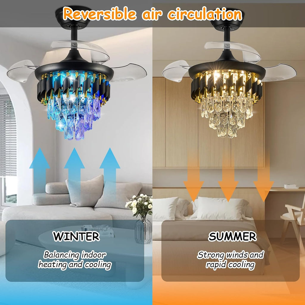 30" Retractable Crystal Ceiling Fan with Light, RGB Modern Chandelier Fan 6 Speeds Reversible Blades Black