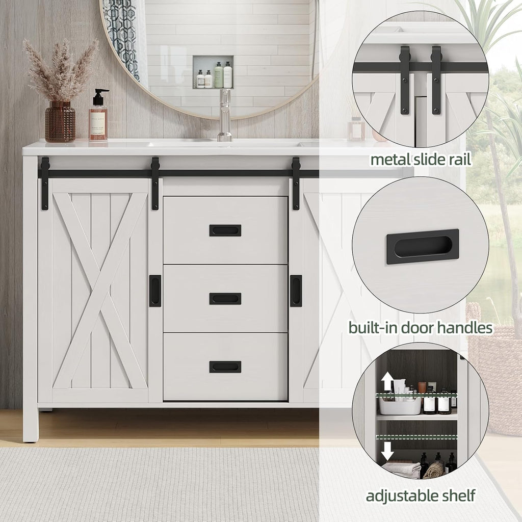 47.2 Inch Bathroom Vanity with Sink Combo, Farmhouse Sliding Barn Door Bathroom Vanity Cabinet