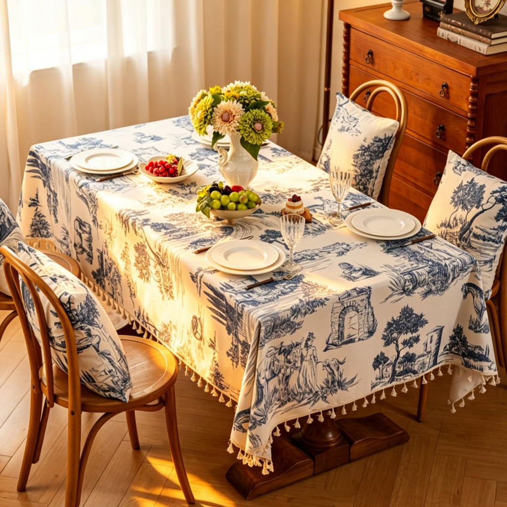 Retro Blue White Toile De Jouy Printed Rectangular Tablecloth, Premium Cotton Linen Table Cover with Complete Edge