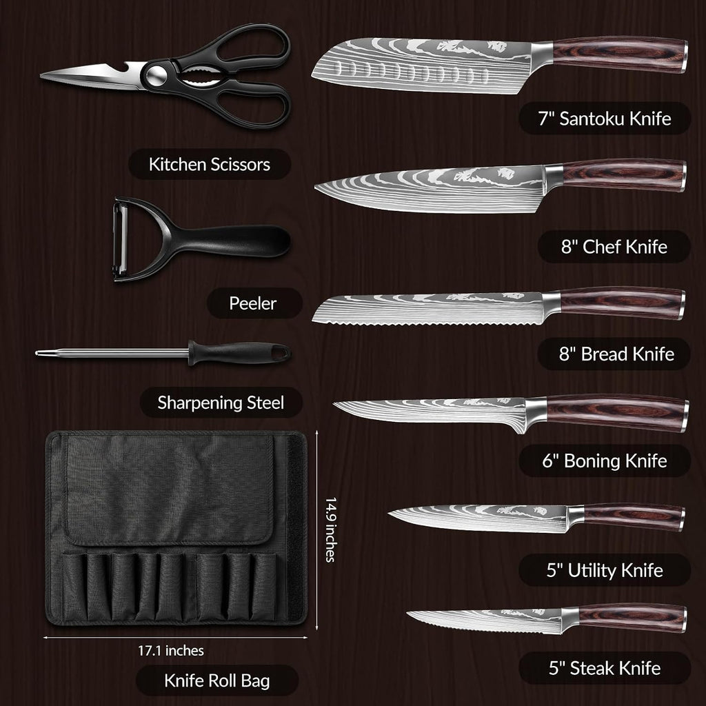 Kitchen Knife Set, 9 Pieces High Carbon Stainless Steel Chef Knife Set | Japanese Knives Set with Roll Bag, Ergonomic