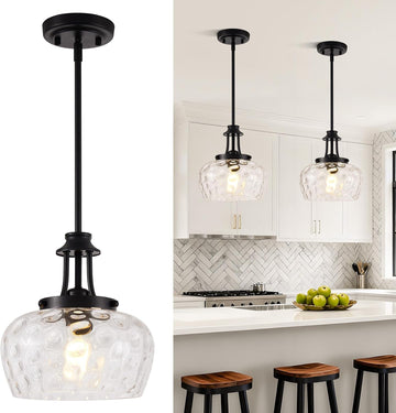 Modern Pendant Lights Kitchen Island, Matte Black Pendant Light Fixtures with 10" Clear Hammered Glass Shade