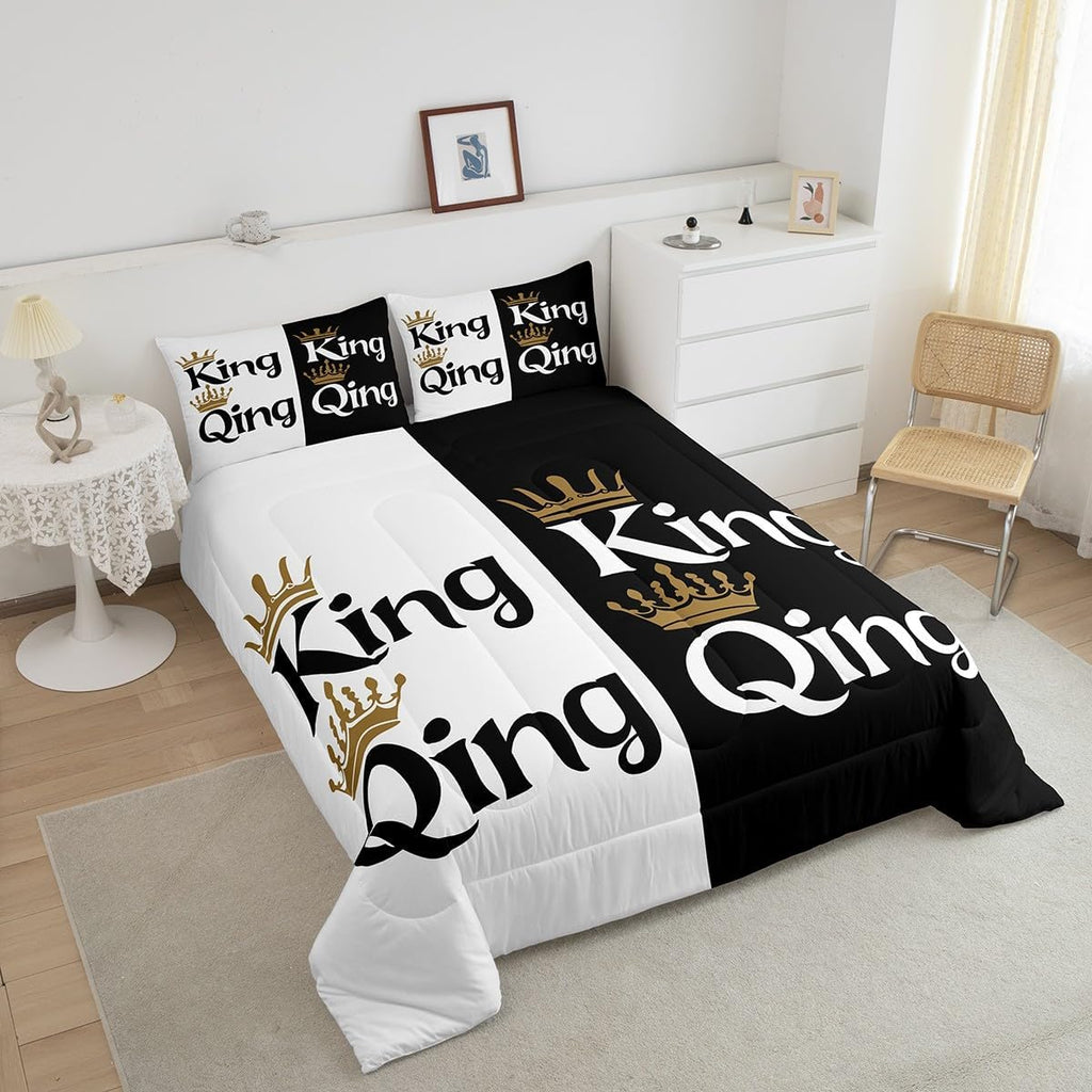 King and Queen Crown Comforter Set Black White Couple Bedding Set for Adult Women Men,His Her Mr Mrs Quilt