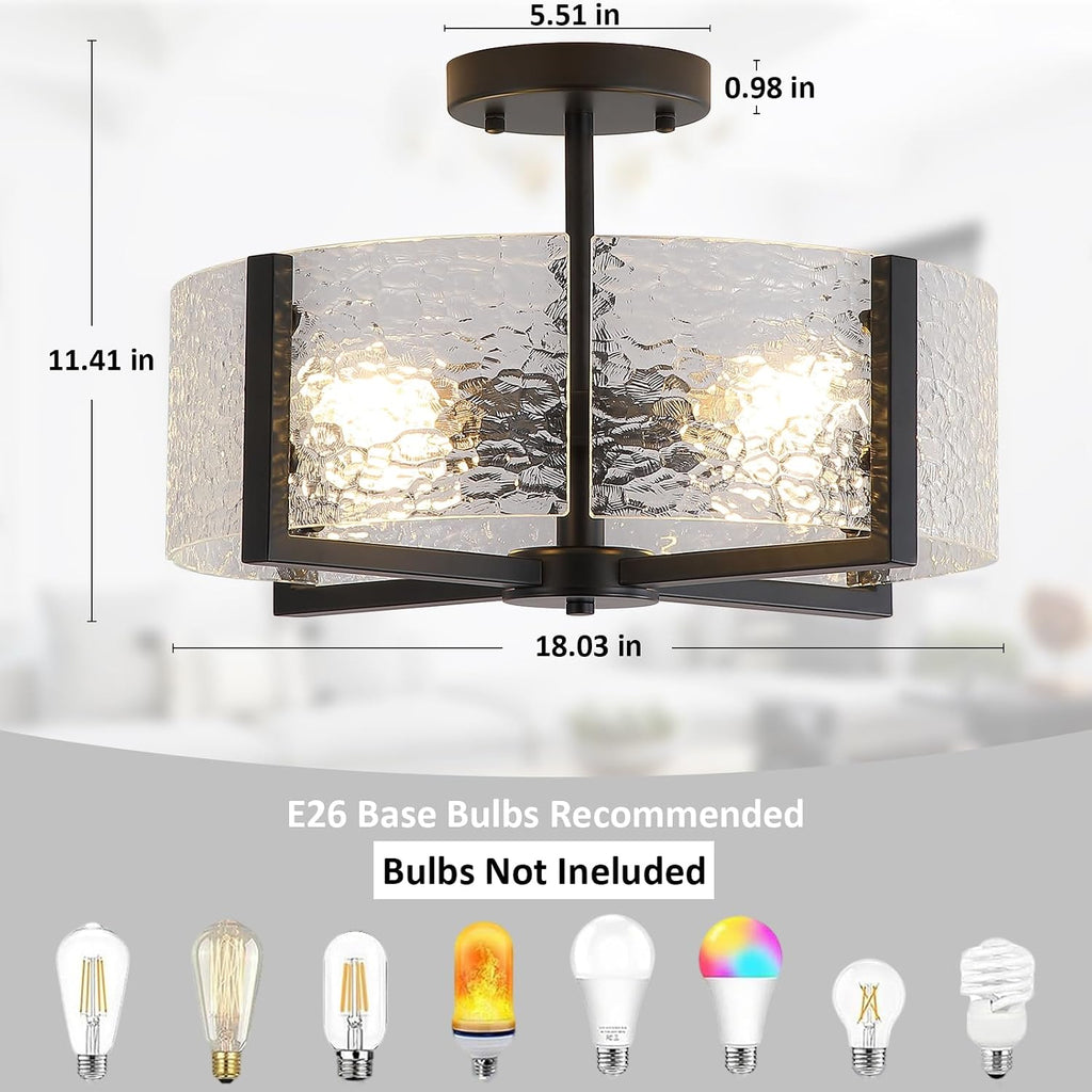 18" Black Large Semi Flush Mount Ceiling Light, 4-Light Farmhouse Ceiling Light, Foyer Light Fixtures Modern Glass