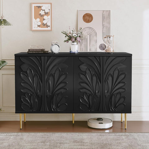 Sideboard Buffet Cabinet with 3D Flower Pattern, Accent Cabinet with 4 Doors & Adjustable Shelves