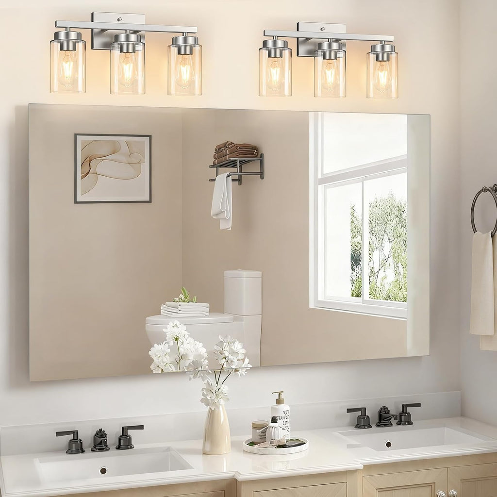 Modern Bathroom Light Fixtures, 3 Light Brushed Nickel Vanity Lights, Bathroom Lighting Fixtures Over Mirror with