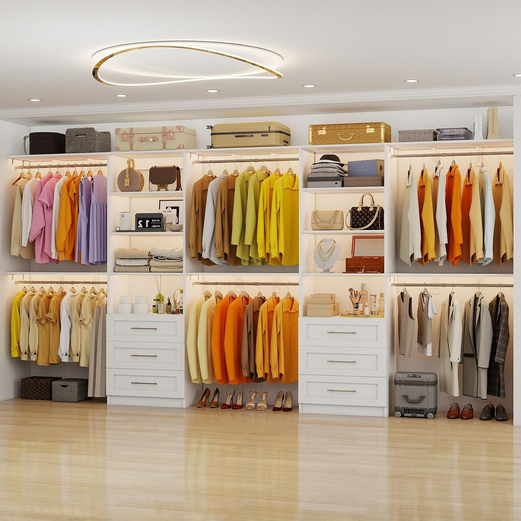 Closet System with 6 Wood Drawers, 6-12FT Closet Organizer System with Cuttable Shelves for Walk in Closet with 6