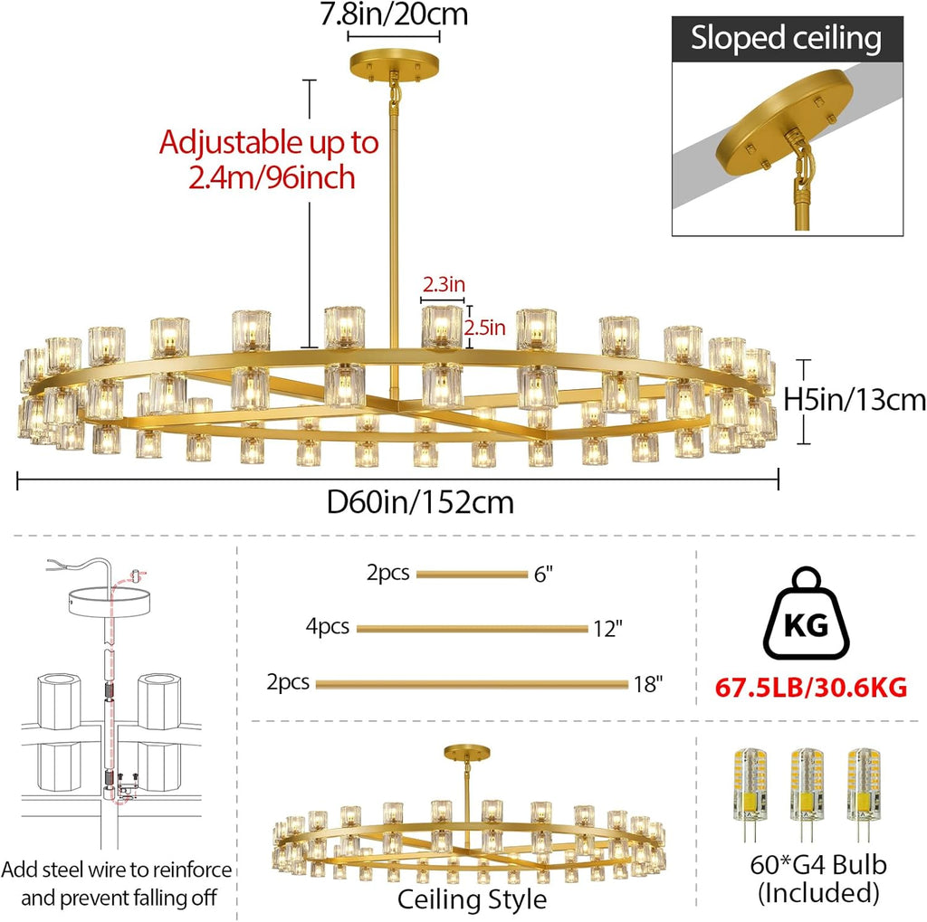 Modern Large 60inch Brass Gold Round Chandelier, 60-Light Crystal Chandelier for Living Room,Indoor Large Space Chandelier Fixtures,Farmhouse Wagon Wheel Chandelier,Including Lightbulbs