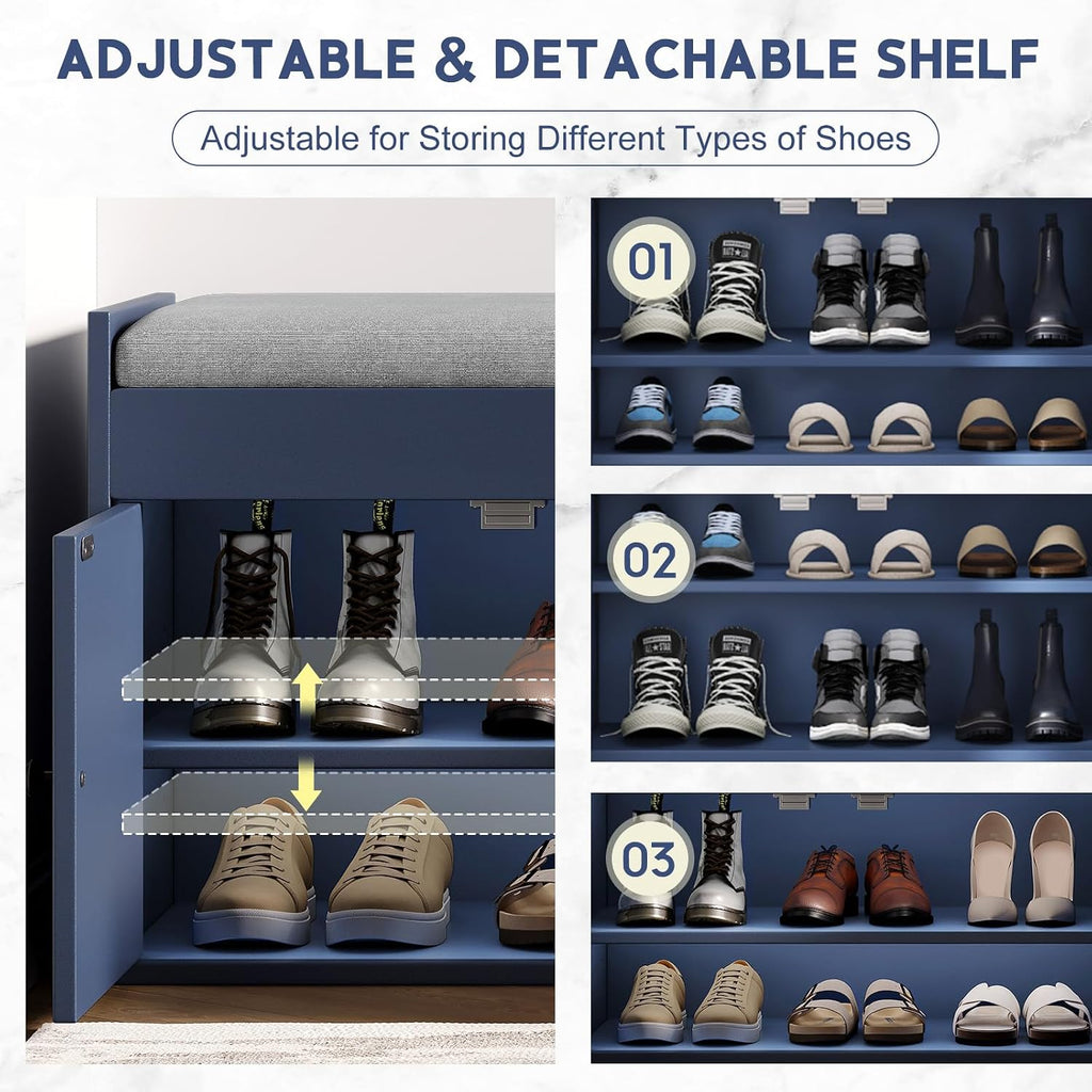 42.6" Entryway Shoe Storage Bench with Padded Seat, 3 Doors and Side Shelves, Lift Top Storage Bench for Shoes