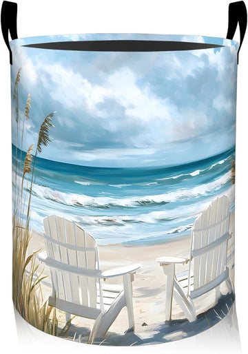 Coastal Laundry Basket, Oxford Cloth Nature Peaceful Dirty Clothes Collapsible Hamper for Room Decor, Ocean Beach and