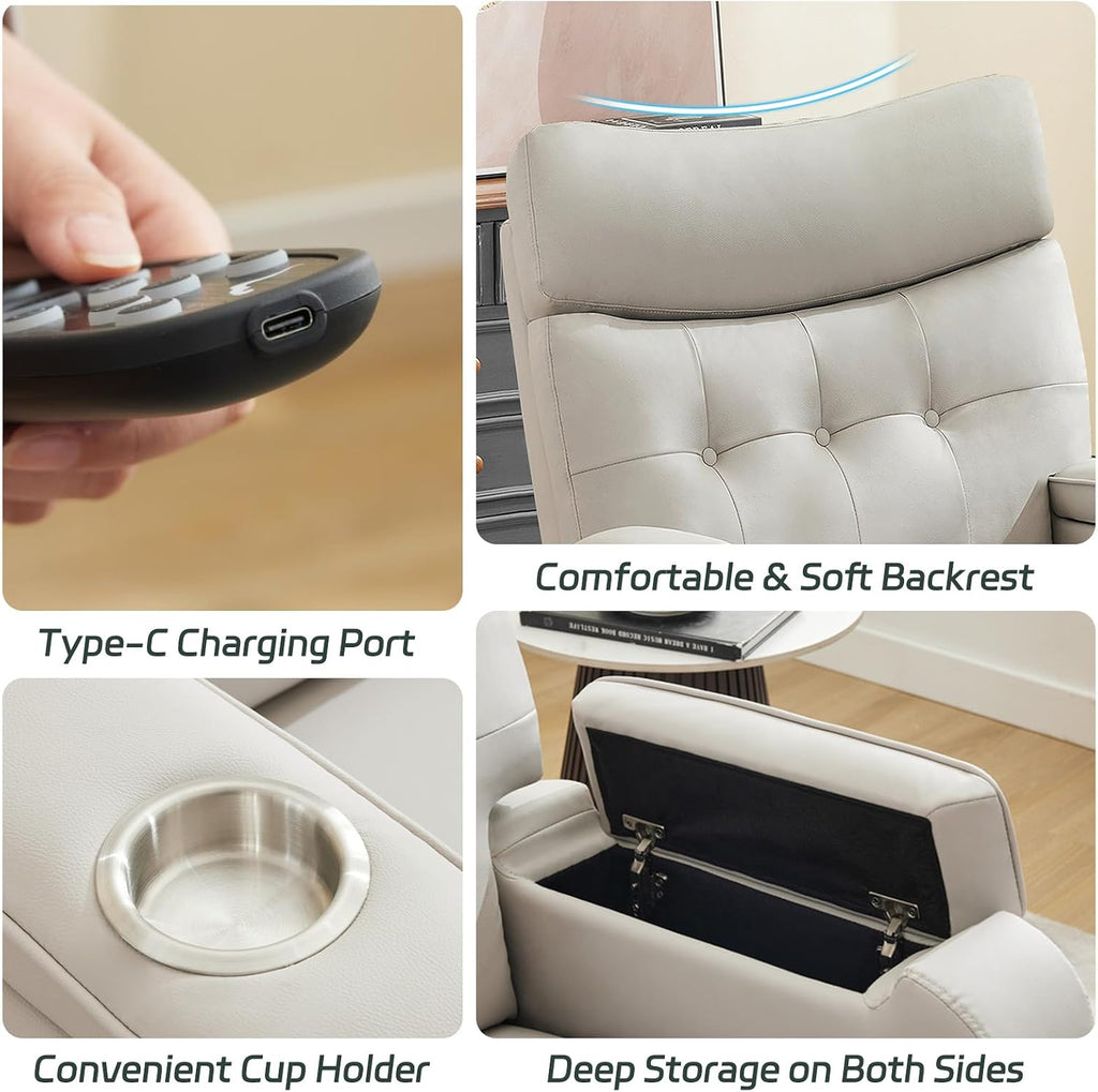 Swivel Rocker Recliner with Massage & Heat, PU Leather Rocking Recliner with Type-C Port & Timing, Oversized Power