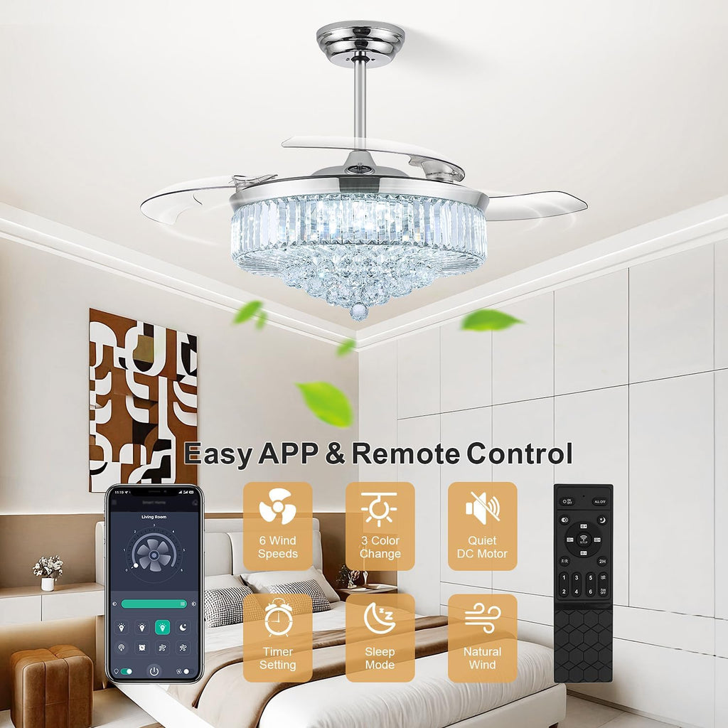 52 Inch Fandelier Ceiling Fan with Light, Retractable Chandelier Fan LED Dimmable Crystal Ceiling Fan Living Room