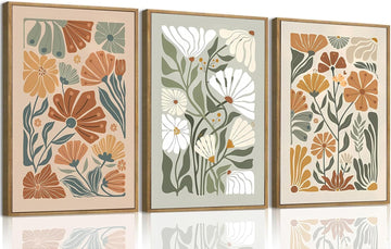 Framed Wall Art Wildflower Floral Canvas Wall Art Botanical Print Set of 3, Flower Illustrations Minimalist Modern