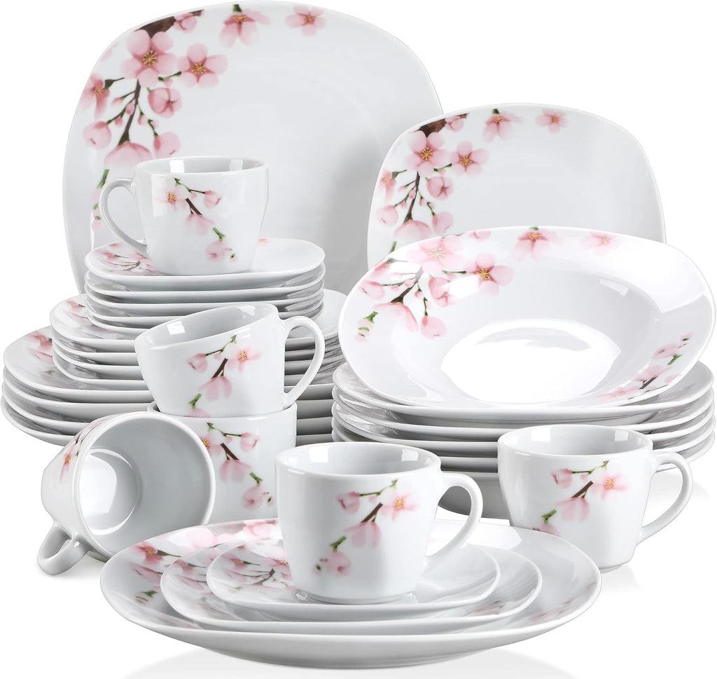 Annie Porcelain Dinnerware for 6, 30-Piece Pink Floral Dish Set With Plates and Bowls Including Dinner, Dessert, Soup