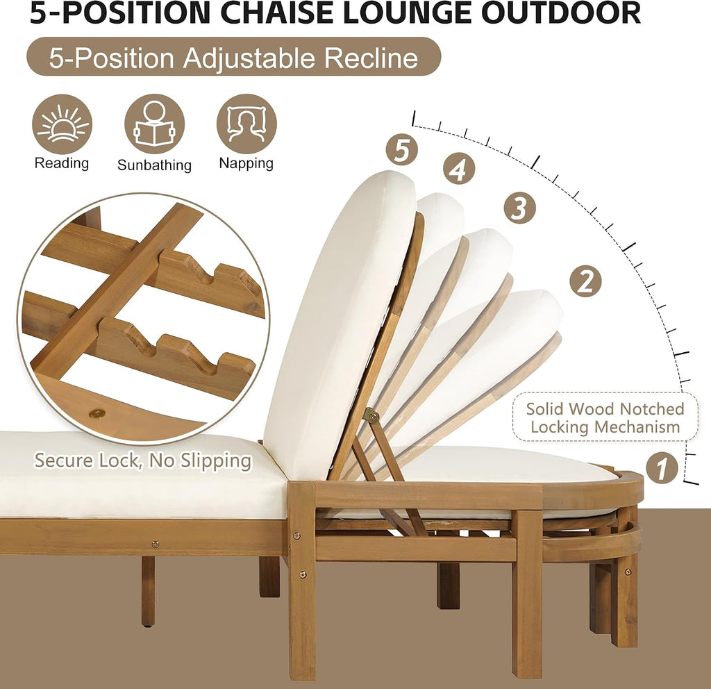 Acacia Wood Outdoor Chaise Lounge Set of 2, 5-Position Adjustable Patio Recliner with Arched Backrest & Thick
