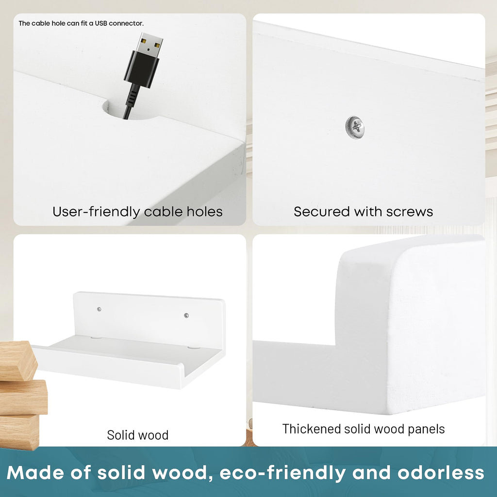 Small Floating Shelf with Cable Holes, 12 Inch, White, Set of 2
