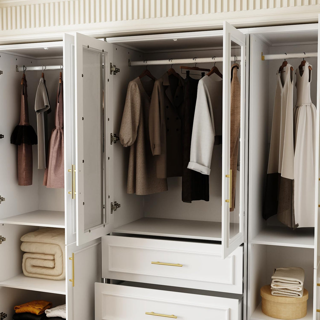 Wardrobe Closet Collection with Doors, Modern White Bedroom Armoire System with Gold Handles, Modern Clothes Storage