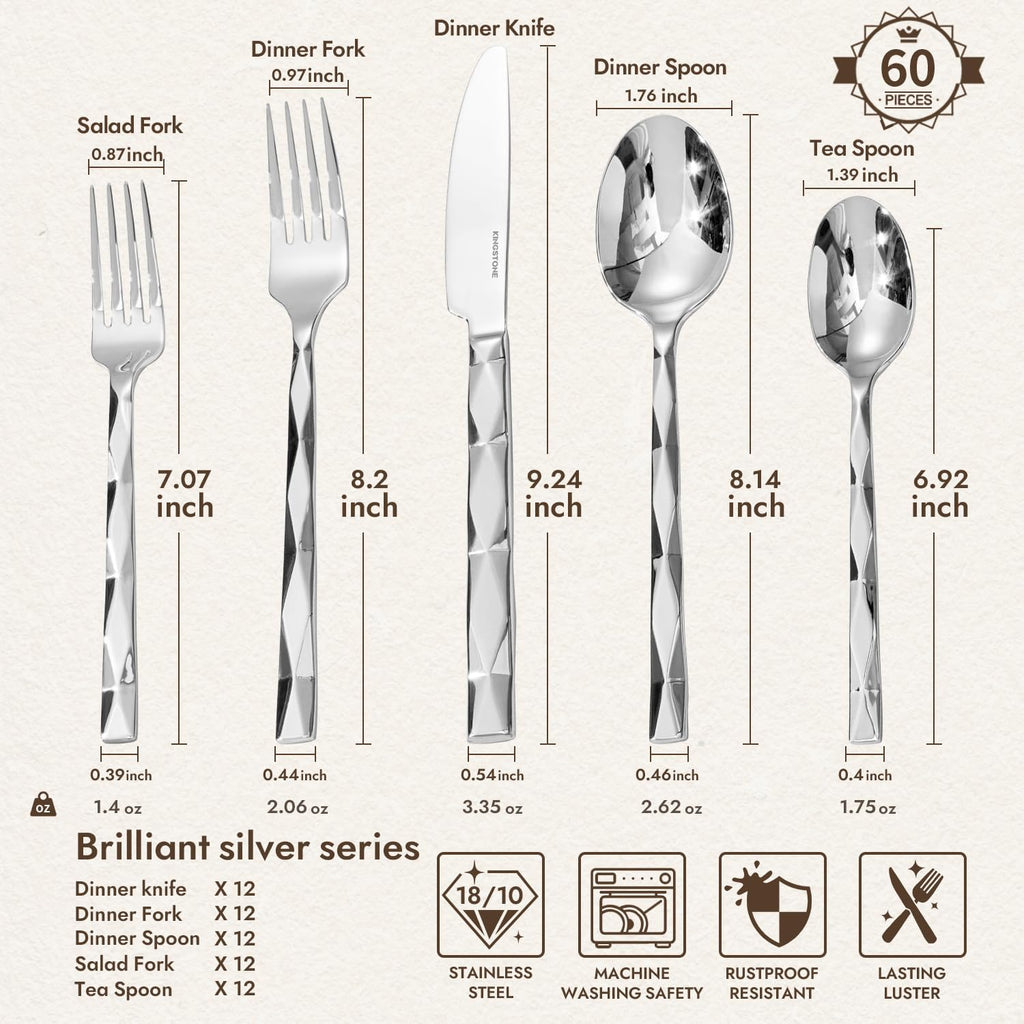 Silverware Set, Luxury 60-Piece Flatware Set for 12, 18/10 Stainless Steel Cutlery Set with Diamond Cut Pattern