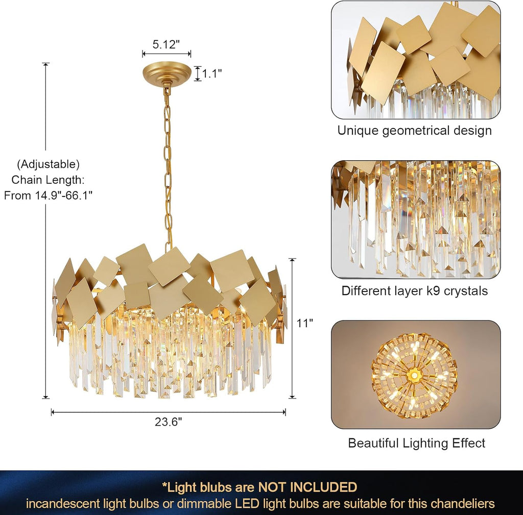 Modern Crystal Chandelier Gold 24" Round Chandeliers for Dining Room 9 Light Drum Ceiling Pendant Light Fixture K9
