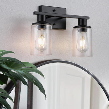 2-Light Matte Black Bathroom Vanity Light,Bathroom Light Fixtures Over Mirror with Clear Glass Shade,Modern Farmhouse