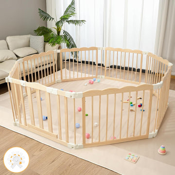 Wooden Baby Playpen with Toy 69x69In Foldable Toddler Fence with Safe Lock