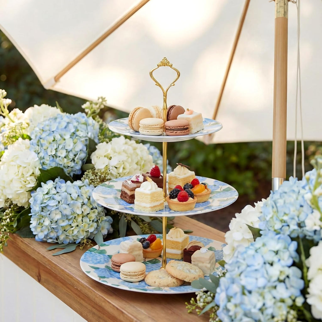 3 Tier Blue Hydrangea Cake Stand 10", 9" and 7" Ceramic Serving Tray Dessert Cupcake Display Holder Tower for Wedding