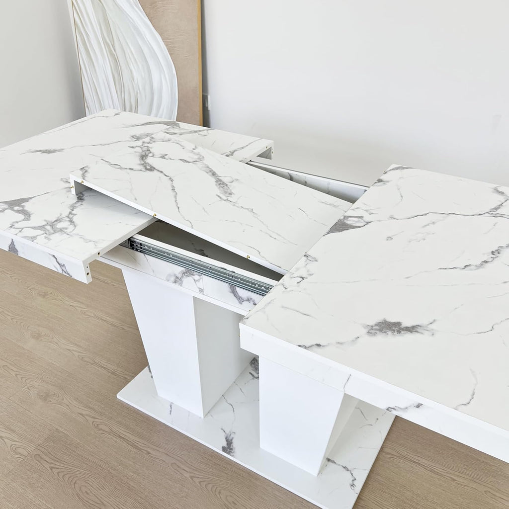 Extendable Dining Room Table for 6-10 Person, Modern Large Rectangular Kitchen Tables w/Dual Column Pedestal Base for Kitchen Living Room, White Marble