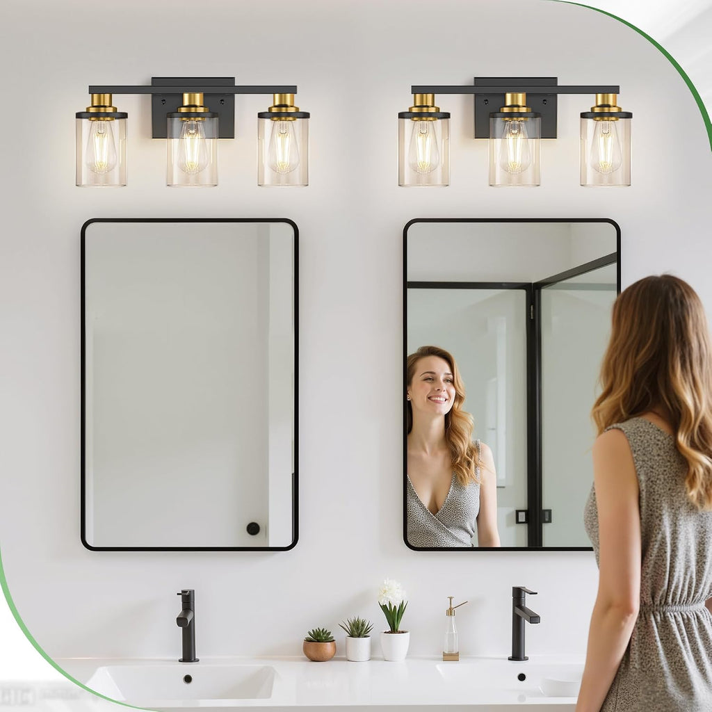 Bathroom Light Fixtures, 3-Light Black and Gold Bathroom Lights Over Mirror with Clear Glass Shade,Vanity Lights