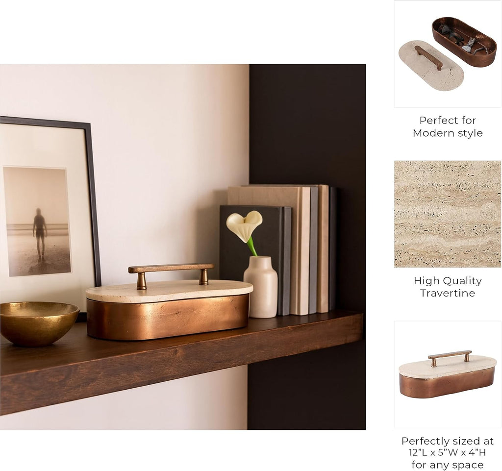 Decorative Box with Travertine Lid Decor - Home Organizer Decor Box for Jewelry and Keepsake Accent - Ornmental