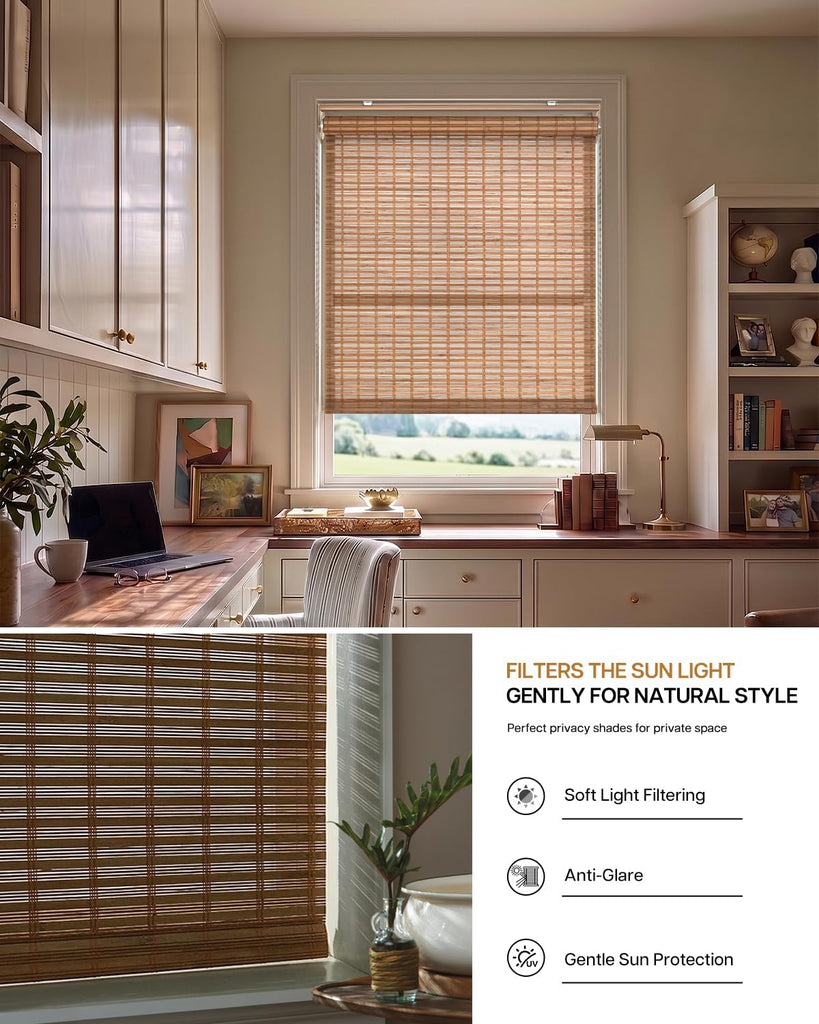 Cordless Bamboo Roller Shades, 34" W x 70" H, Squirrel