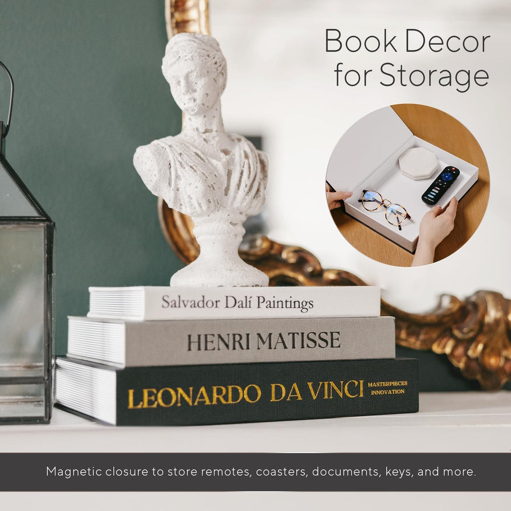 Linen Decorative Books Set of 3, Large Woven Faux Books with Hidden Storage | Magnetic nested fake book boxes in